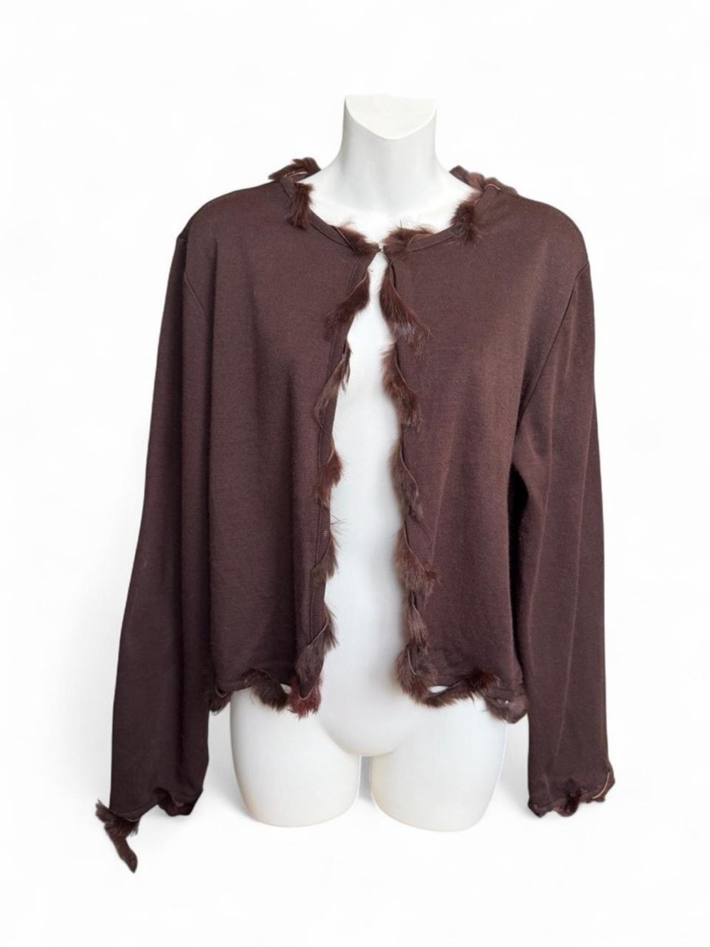 Nina Leonard Brown Open-Front Cardigan with Faux-Fur Trim